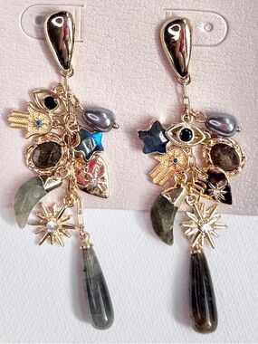 Persimmon Celestial Evil Eye Gemstone Charm Drop Statement Earrings NWT